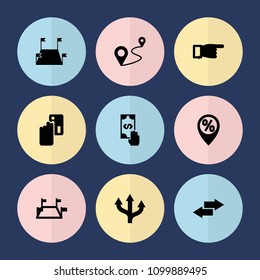 Set of 9 point filled icons such as pointing, credit card payment, distance, arrow, locations, cash payment