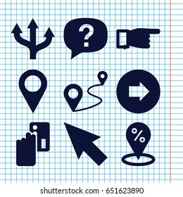 Set of 9 point filled icons such as arrow right, pointing, distance, location pin, exclamation, pointer, creadit card payment, sale location