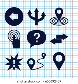 Set of 9 point filled icons such as arrow left, map location, distance, touchscreen, arrow, exclamation