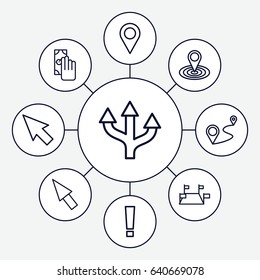 set of 9 point outline icons such as map location, distance, pointer, cash payment, location, arrow, exclamation point