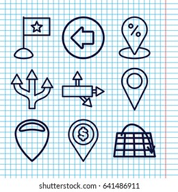 Set of 9 pointer outline icons such as arrow left, sale location, arrow, flag, dollar location, location