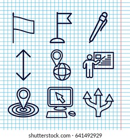 Set of 9 pointer outline icons such as pointer on display, map location, flag, pin on globe, teacher, arrow