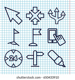 Set of 9 pointer outline icons such as finger on display, flag, direction, 24 hour, pointer, move, pen