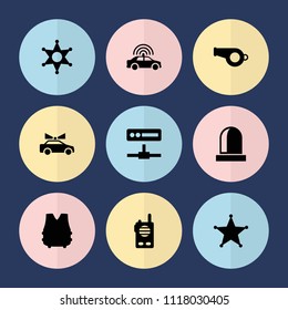 Set of 9 police filled icons such as police car, sheriff, siren, bulletproof vest, walkie talkie, whistle