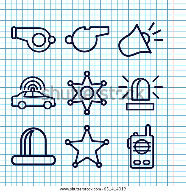 Set of 9 police outline icons such as\
police car, siren, sheriff, walkie\
talkie