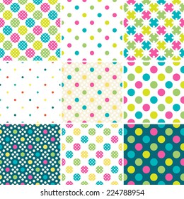 Set of  9 polka dot seamless patterns