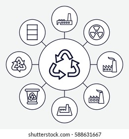 Set of 9 pollution outline icons such as recycle bin, recycle, factory, barrel