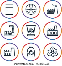 Set of 9 pollution outline icons such as factory, recycle bin, trash bag.