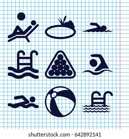 Set of 9 pool filled icons such as beach ball, billiards, swimming pool, pond, swimming, pool ladder, swimmer, man laying in the sun