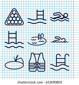 Set of 9 pool outline icons such as pool, billiards, pond, swimmer, life vest, swimming man