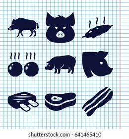 Set of 9 pork filled icons such as hog, pig, bacon