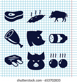 Set of 9 pork filled icons such as sausage, hog, pig