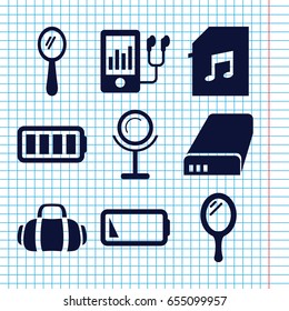 Set of 9 portable filled icons such as mirror, mp3 player, memory card with music, battery, ful battery, low battery
