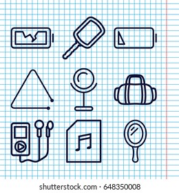 Set of 9 portable outline icons such as mirror, triangle musical instrument, memory card with music, low battery, broken battery, sport bag