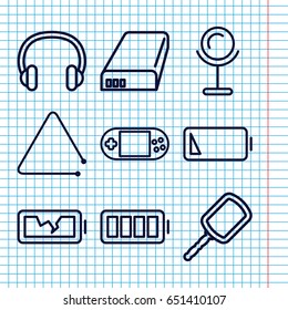 Set of 9 portable outline icons such as mirror, portable console, triangle musical instrument, headset, battery