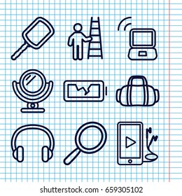 Set of 9 portable outline icons such as mirror, phone and earphones, headset, broken battery, laptop signal, sport bag