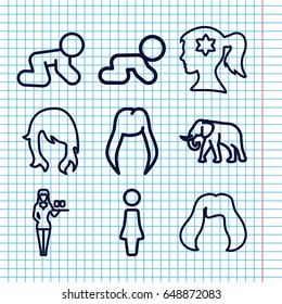 Set of 9 portrait outline icons such as elephant, baby crawl, woman hairstyle, woman, woman face with flower in hair, hairstyle, casino girl