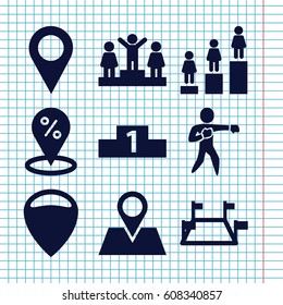 Set of 9 position filled icons such as ranking, location pin, karate, locations, location