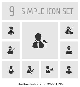 Set Of 9 Position Icons Set.Collection Of Leaner, Officer, Military And Other Elements.