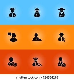 Set Of 9 Position Icons Set.Collection Of Driver, Cameraman, Journalist And Other Elements.