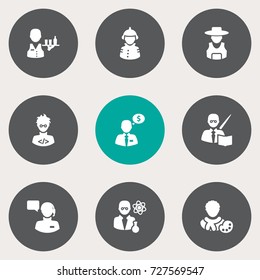 Set Of 9 Position Icons Set.Collection Of Scholarly, Producer, Servant And Other Elements.