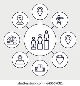 set of 9 position outline icons such as ranking, location pin, karate, location