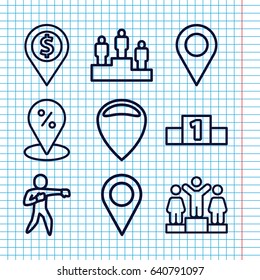 Set of 9 position outline icons such as ranking, location pin, karate