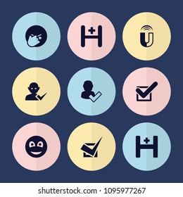 Set of 9 positive filled icons such as user and tick, facepalm emot, hospital, tick, smiley