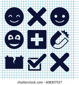 Set of 9 positive filled icons such as smiling emot, tick, cross, smiley, broken battery, magnet