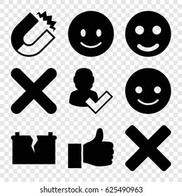 set of 9 positive filled icons such as smiling emot, cross, broken battery, thumbs up, magnet, user and tick