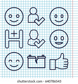 Set of 9 positive outline icons such as hospital, add user, broken battery, smiling emot, user and tick