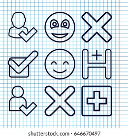 Set of 9 positive outline icons such as hospital, tick, cross, smiley, add user, smiling emot, plus
