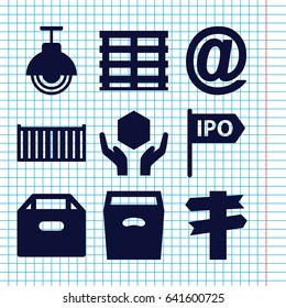 Set of 9 post filled icons such as cargo box, handle with care, box, street lamp, direction