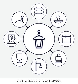 Set of 9 post outline icons such as direction   isolated, stamp, street lamp, fragile cargo, observation military tower, box