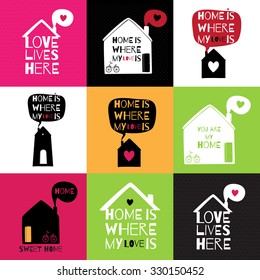  Set of 9 postcards/stickers about love and home. Romantic greeting card with quote about home and love. Valentines cards. 