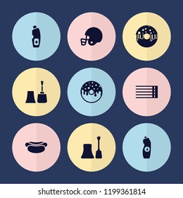 Set of 9 poster filled icons such as nail polish, donut, water bottle, american football helmet, hot dog