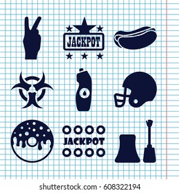 Set of 9 poster filled icons such as nail polish, Jackpot, hot dog, donut, water bottle, american football helmet, hazzard