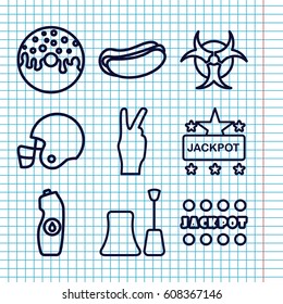 Set of 9 poster outline icons such as nail polish, Jackpot, hot dog, donut, water bottle, hazzard, american football helmet