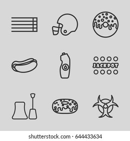 Set of 9 poster outline icons such as nail polish, jackpot, hot dog, donut, water bottle, guitar strings, hazzard