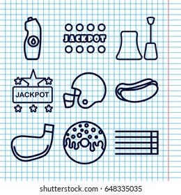 Set of 9 poster outline icons such as nail polish, jackpot, hot dog, donut, water bottle, guitar strings, golf stick
