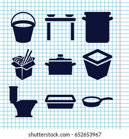 Set of 9 pot filled icons such as bucket, toilet, noodles fast food, pot for plants, pan