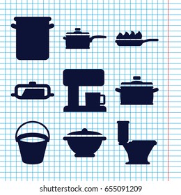 Set of 9 pot filled icons such as pan, bucket, toilet, pan-fry