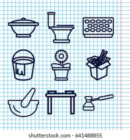 Set of 9 pot outline icons such as bucket, toilet, noodles fast food, pot for plants, flower pot, pan, turk