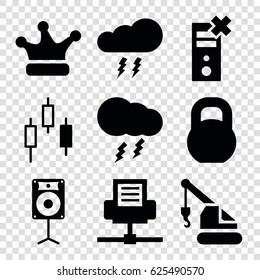 set of 9 power filled icons such as crane, barbell, loudspeaker, crown, thunderstorm, control panel, phone connection cable