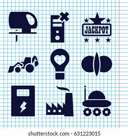 Set of 9 power filled icons such as jackpot, excavator, electric saw, bulb heart, battery, factory, atom fusion, tractor