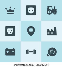 Set of 9 power filled icons such as factory, tractor, turbo, car battery, socket, gear, crown