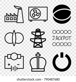Set of 9 power filled and outline icons such as pylon, atom, switch off, factory, electricity, atom fusion, air conditioner, crown