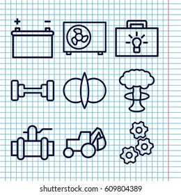 Set of 9 power outline icons such as barbell, excavator, pump, air conditioner, battery, gear, atom fusion, nuclear explosion