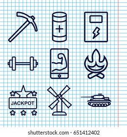 Set of 9 power outline icons such as mill, jackpot, battery, hammer, tank, muscular arm  on phone, barbell