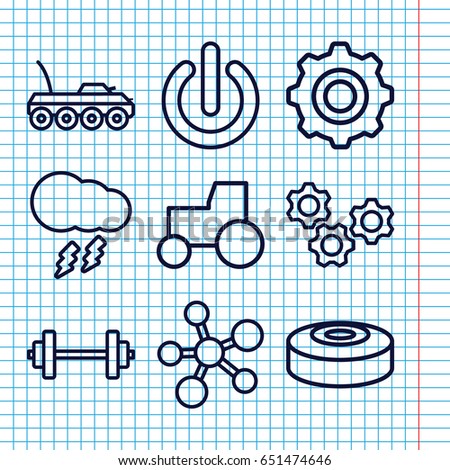 Set of 9 power outline icons such as tractor, thunderstorm, gear    sign symb, switch off, smoke bomb, military car, atom, barbell